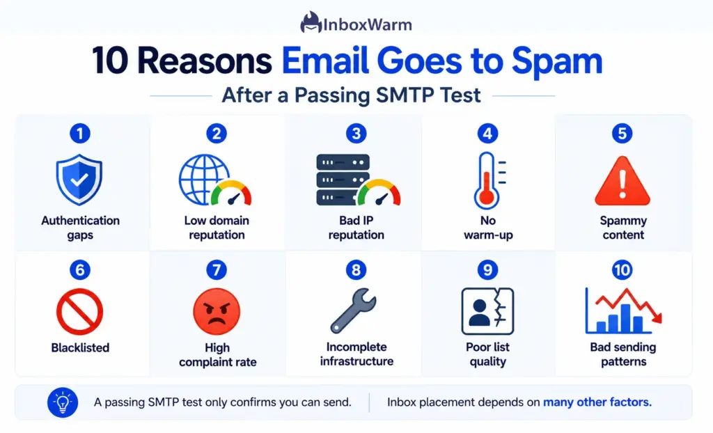 Infographic listing the 10 common causes of emails going to spam after a passing SMTP test