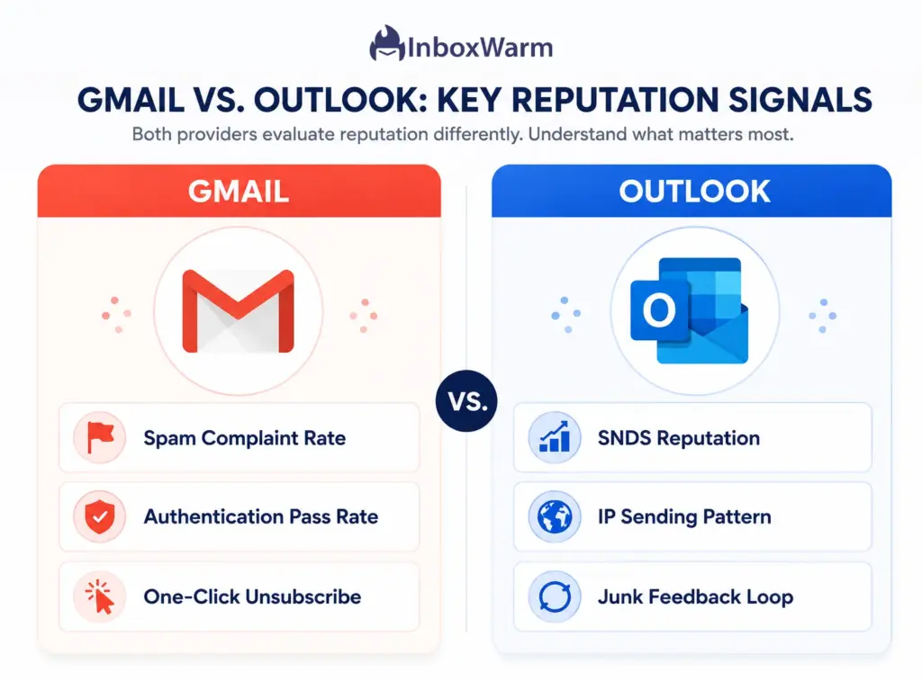 Comparison chart of Gmail sender reputation signals versus Outlook email deliverability signals