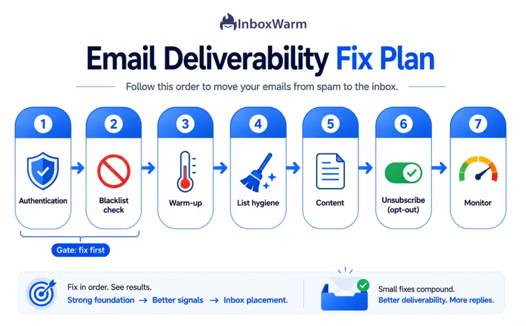 Step-by-step flow for fixing emails going to spam, starting with authentication and ending with monitoring