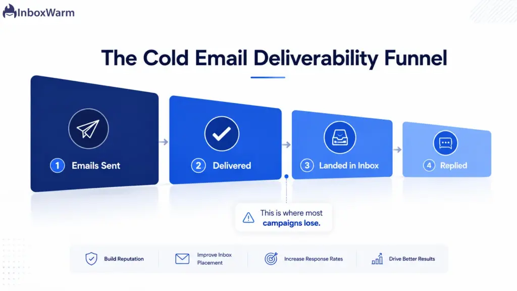 Cold email deliverability funnel from emails sent to delivered, inbox placement, and replies