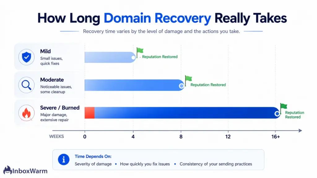 Timeline chart showing how long email domain reputation recovery takes by severity