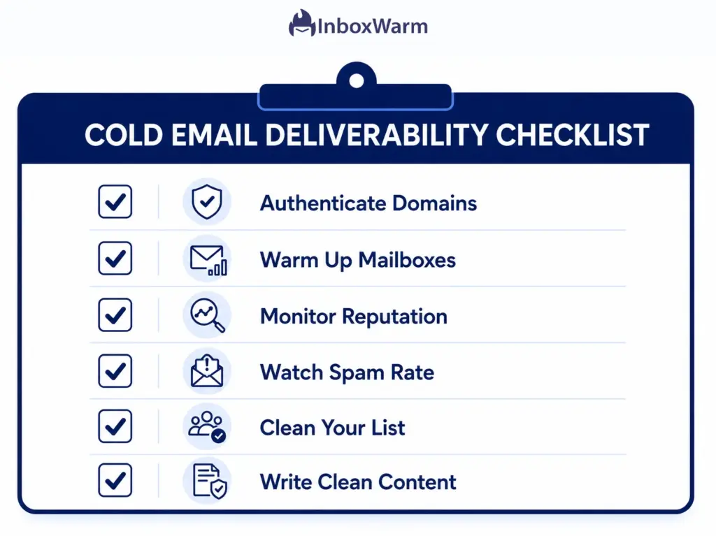 Six-item checklist infographic for improving email deliverability for cold email outreach