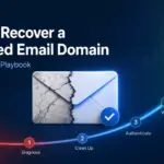 Hero illustration of a damaged email domain recovering from spam back to the inbox along an upward arc