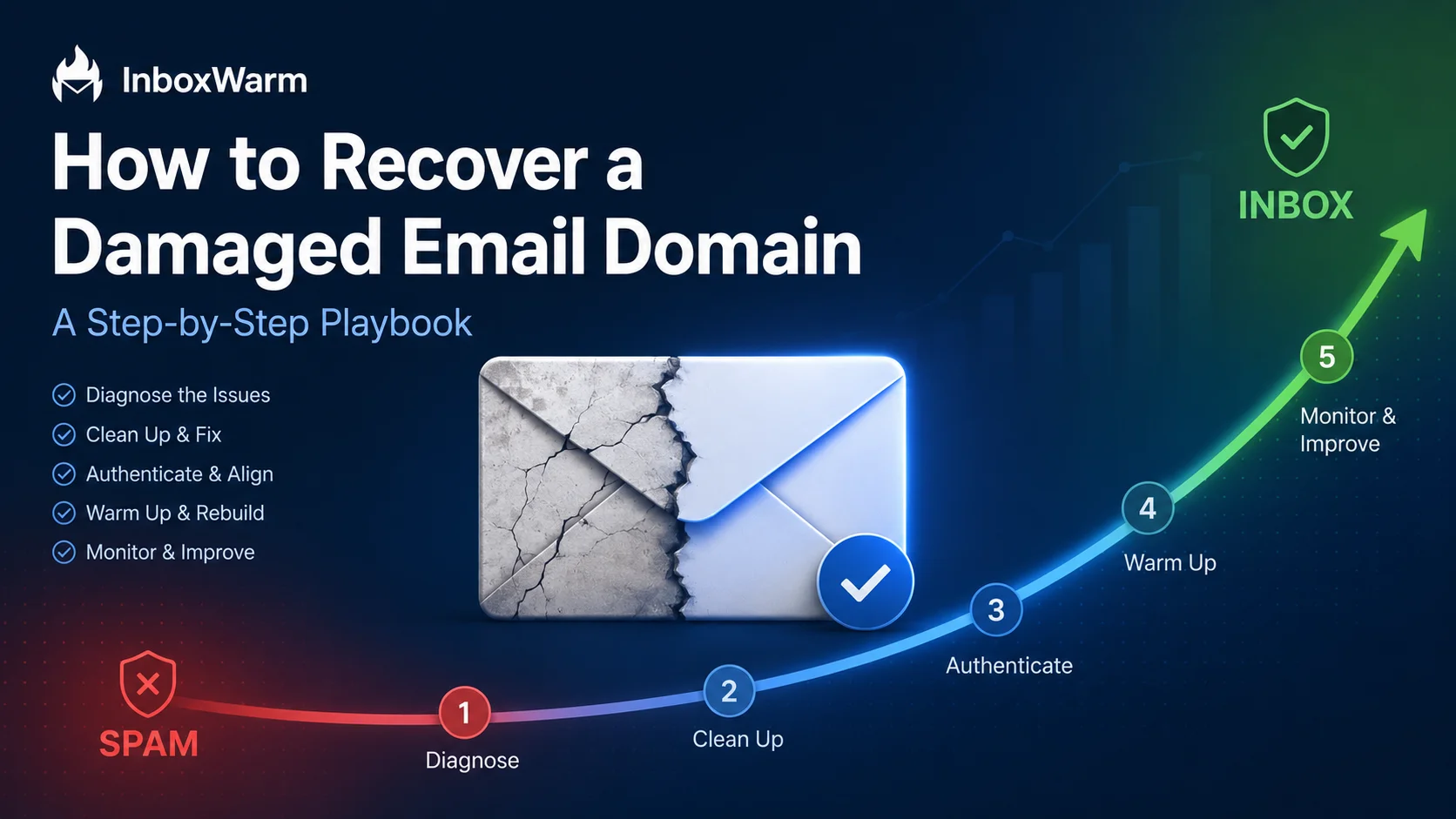 Hero illustration of a damaged email domain recovering from spam back to the inbox along an upward arc