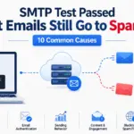 Diagram showing an SMTP test passing while emails split between the inbox and the spam folder