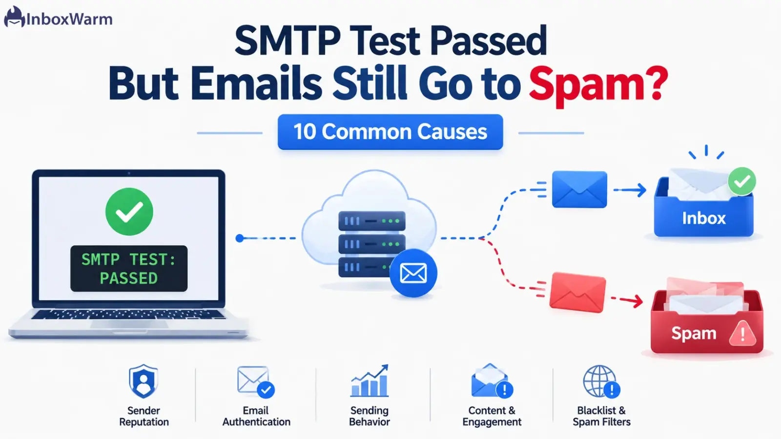Diagram showing an SMTP test passing while emails split between the inbox and the spam folder