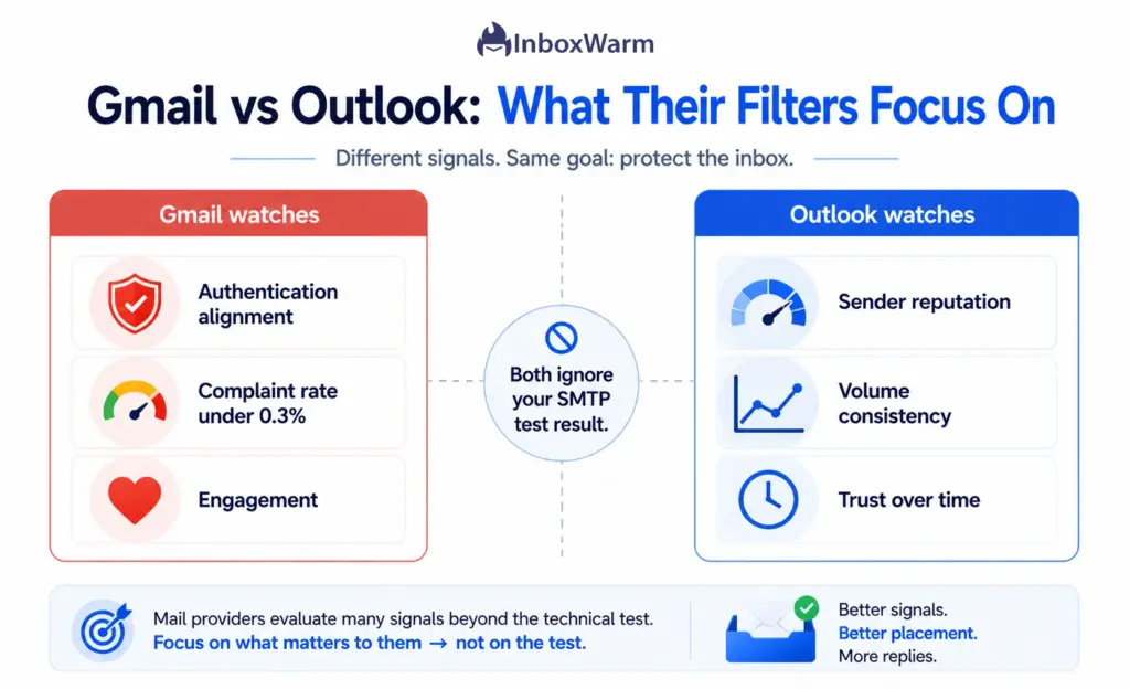 Comparison of what Gmail and Outlook spam filters focus on after a passing SMTP test