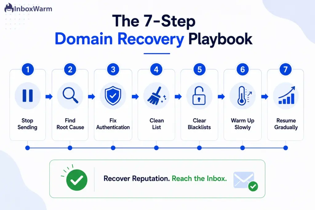 Seven-step playbook infographic showing how to recover a damaged email domain in order