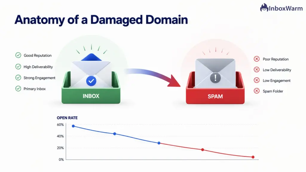 Diagram showing a damaged email domain moving messages from the inbox to the spam folder
