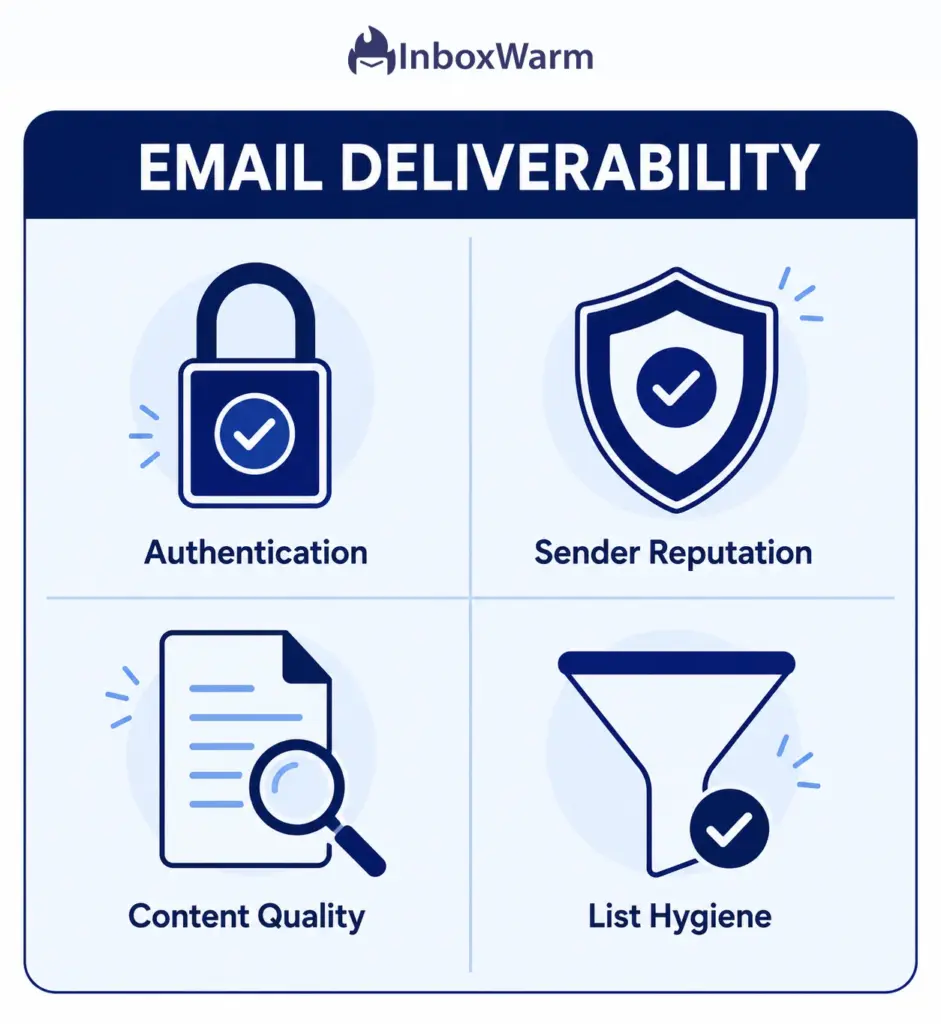 Infographic showing the four pillars of email deliverability: authentication, sender reputation, content quality, and list hygiene